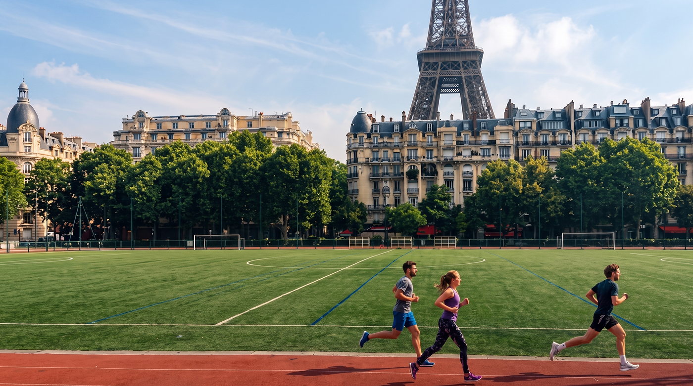 Trois coureurs sur la piste d'un stade parisien, la tour Eiffel en arrière-plan